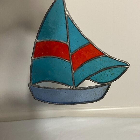 Stained Glass Sailboat Red Blue 6" x 7" Sun Catcher - Picture 3 of 3